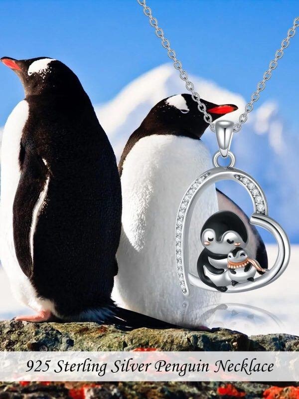 Sterling Silver Penguin Mom Baby Heart Pendant Necklace-5