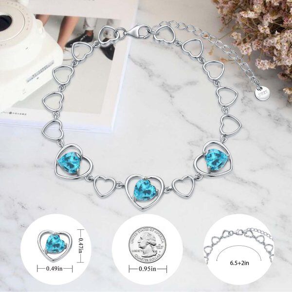 Sterling Silver Blue Zircon Heart Chain Bracelets with December Birthstone-1