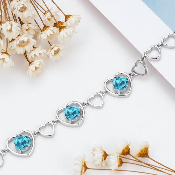 Sterling Silver Blue Zircon Heart Chain Bracelets with December Birthstone-3