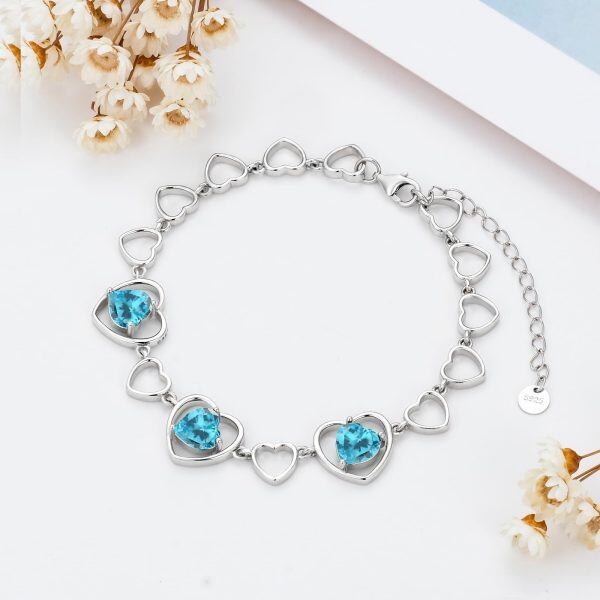 Sterling Silver Blue Zircon Heart Chain Bracelets with December Birthstone-4