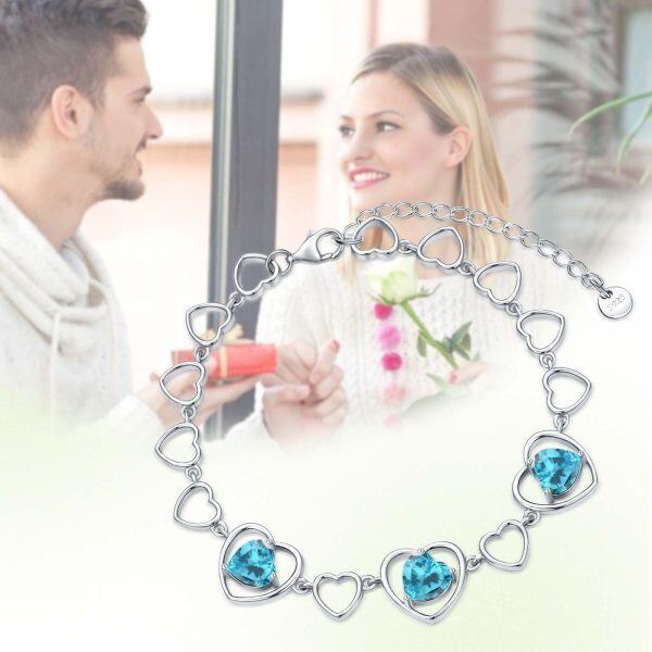 Sterling Silver Blue Zircon Heart Chain Bracelets with December Birthstone-5