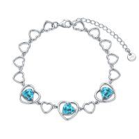 wholesale 925 Sterling Silver Blue Topaz Heart Charm Bracelet for Women - Birthday Gift Idea- Rhodium Plated