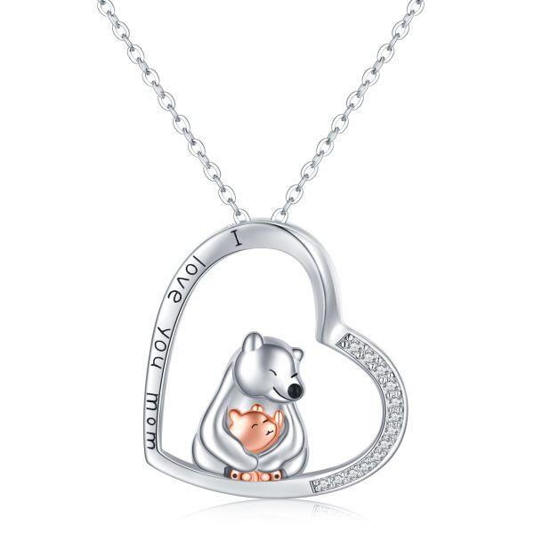 Sterling Silver Bear Mom Baby Heart Pendant Necklace-0