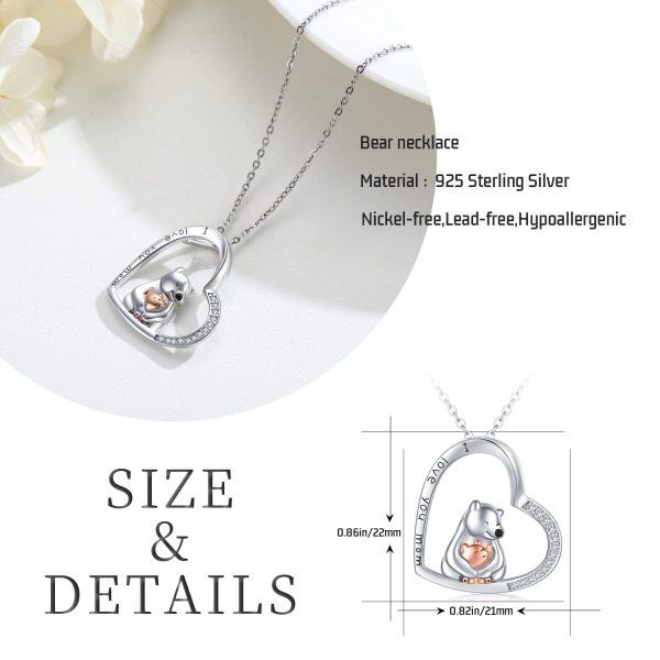 Sterling Silver Bear Mom Baby Heart Pendant Necklace-1