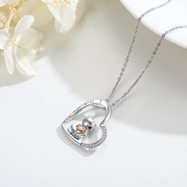 Sterling Silver Bear Mom Baby Heart Pendant Necklace-4