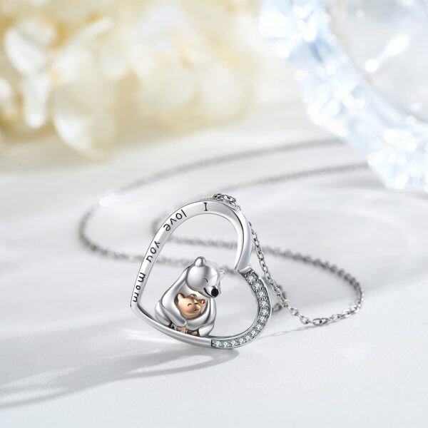 Sterling Silver Bear Mom Baby Heart Pendant Necklace-5