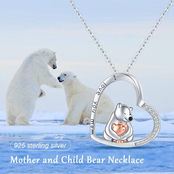 Sterling Silver Bear Mom Baby Heart Pendant Necklace-6