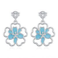 wholesale 925 Sterling Silver Blue Enamel Floral Drop Earrings for Women and Girls- Rhodium Plated