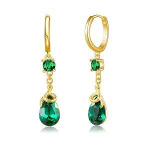 Sterling Silver Snake Dangle Earrings with Green CZ-0