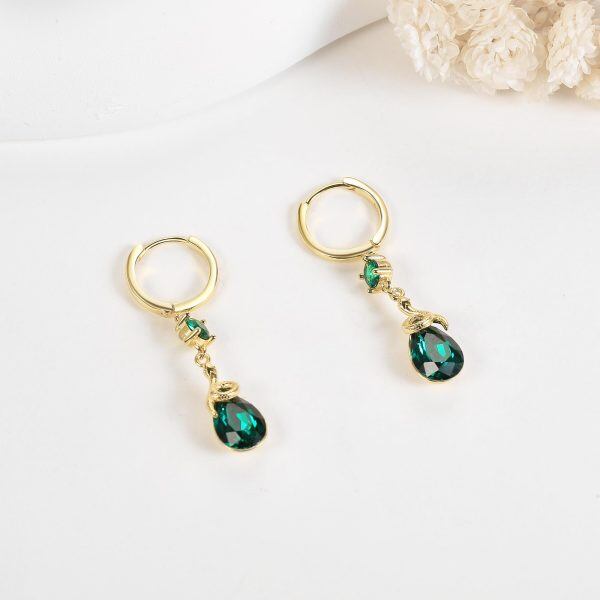 Sterling Silver Snake Dangle Earrings with Green CZ-3