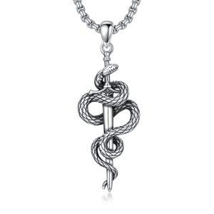 Sterling Silver Gothic Snake Sword Pendant Necklace with Stainless Steel Chain-0