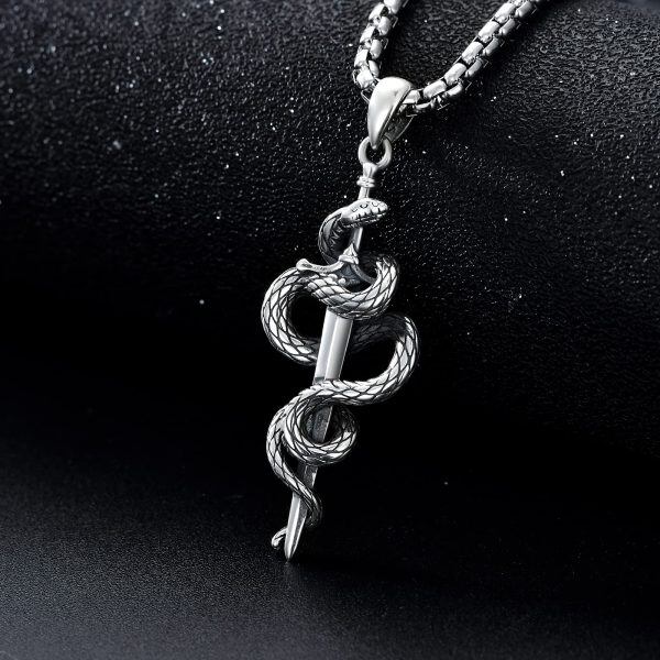 Sterling Silver Gothic Snake Sword Pendant Necklace with Stainless Steel Chain-2