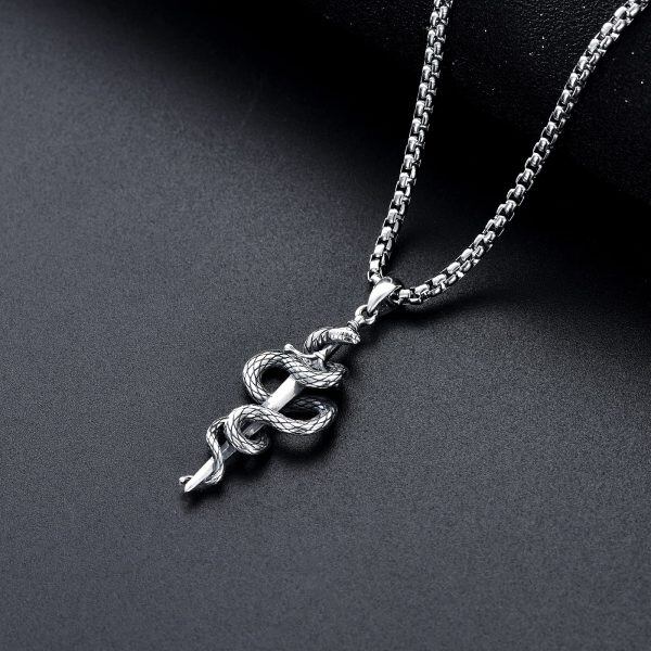 Sterling Silver Gothic Snake Sword Pendant Necklace with Stainless Steel Chain-3