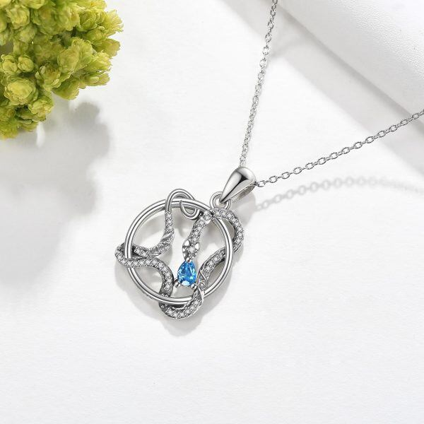 Sterling Silver Snake Pendant Necklace with Blue Crystal-3