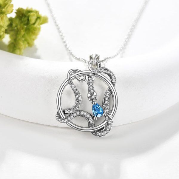 Sterling Silver Snake Pendant Necklace with Blue Crystal-4