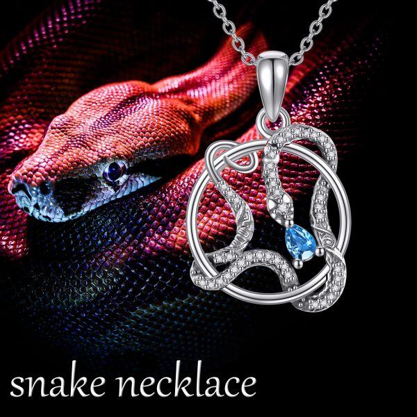 Sterling Silver Snake Pendant Necklace with Blue Crystal-5