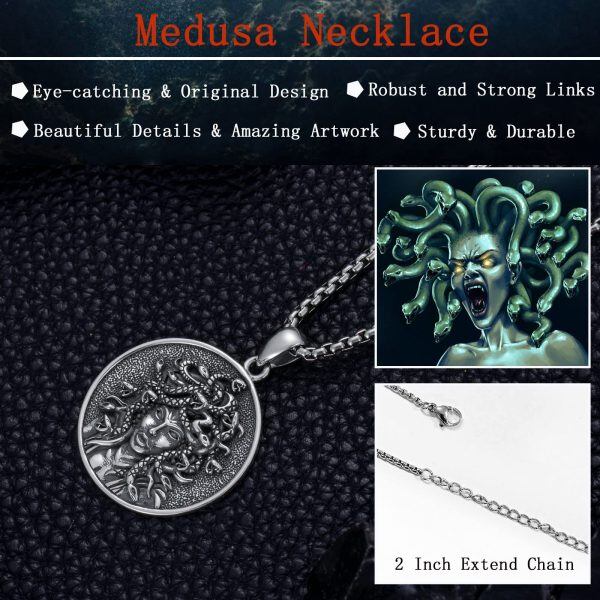 Sterling Silver Medusa Pendant Necklace with Stainless Steel Chain-3