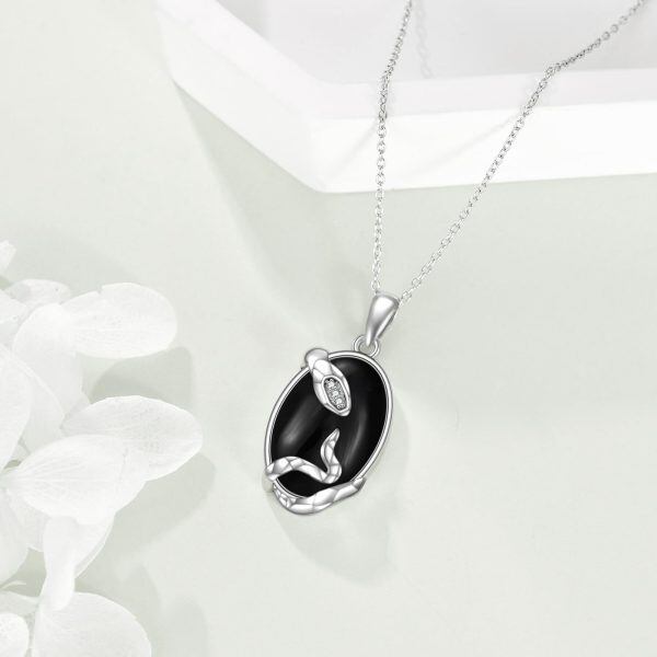 Sterling Silver Snake Onyx Pendant Necklace-3