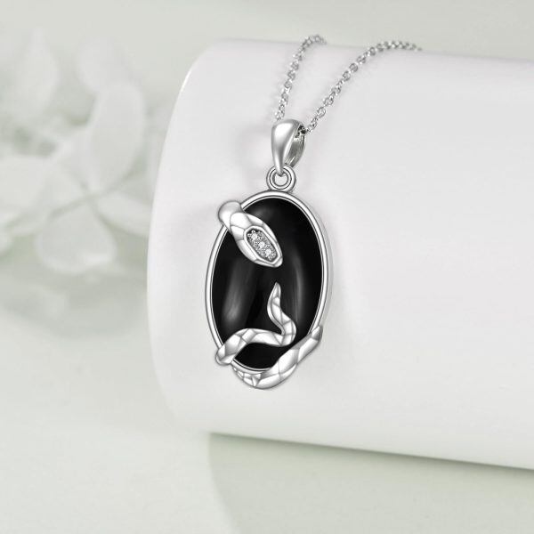 Sterling Silver Snake Onyx Pendant Necklace-4