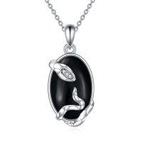 wholesale 925 Sterling Silver Black Onyx Snake Pendant Gothic Necklace for Women and Men- Rhodium Plated