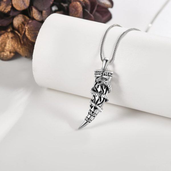 Sterling Silver Viking Horn Snake Pendant Necklace-3