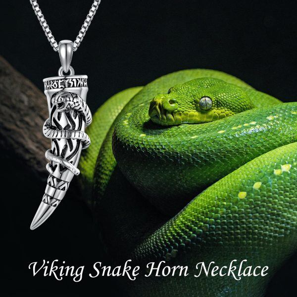 Sterling Silver Viking Horn Snake Pendant Necklace-5