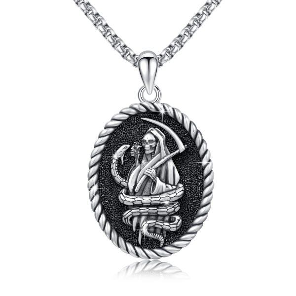 Sterling Silver Santa Muerte Snake Pendant Necklace with Stainless Steel Chain-0