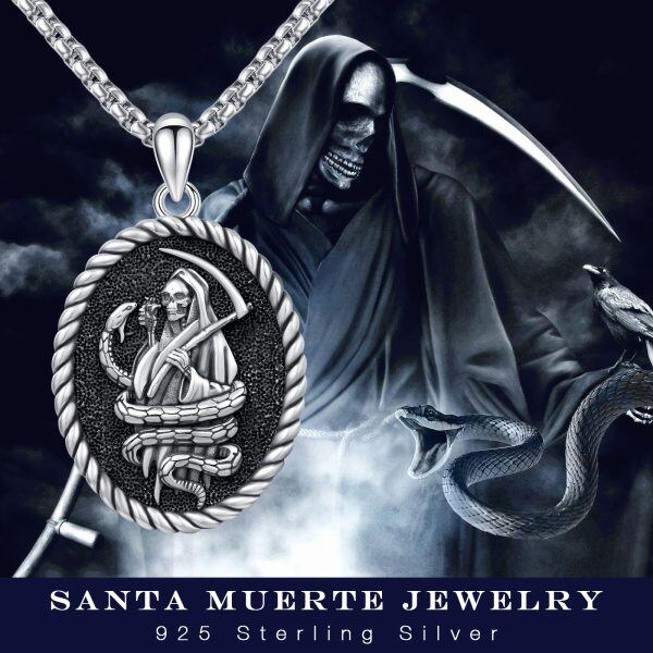 Sterling Silver Santa Muerte Snake Pendant Necklace with Stainless Steel Chain-5