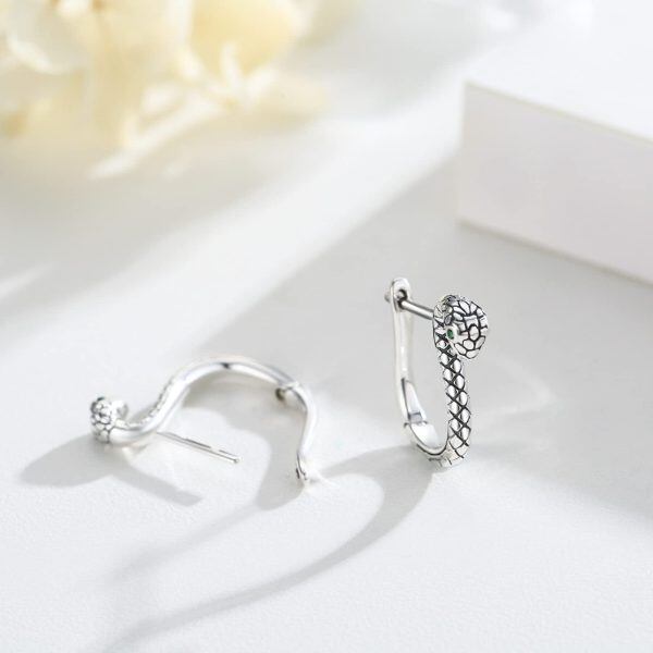 Sterling Silver Oxidized Snake Huggie Earrings-2