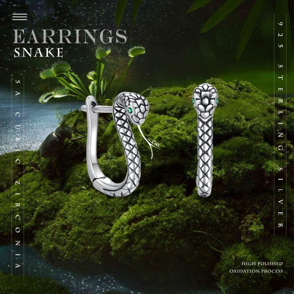 Sterling Silver Oxidized Snake Huggie Earrings-5