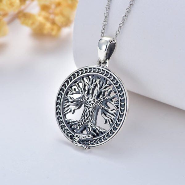 Sterling Silver Tree of Life Snake Pendant Necklace-4