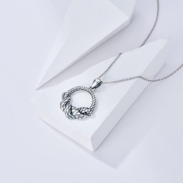 Sterling Silver Snake Circle Pendant Necklace-3