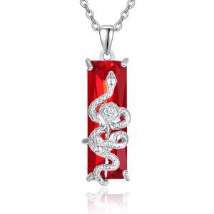 Sterling Silver Snake Rose Flower Pendant Necklace with Red Crystal-0