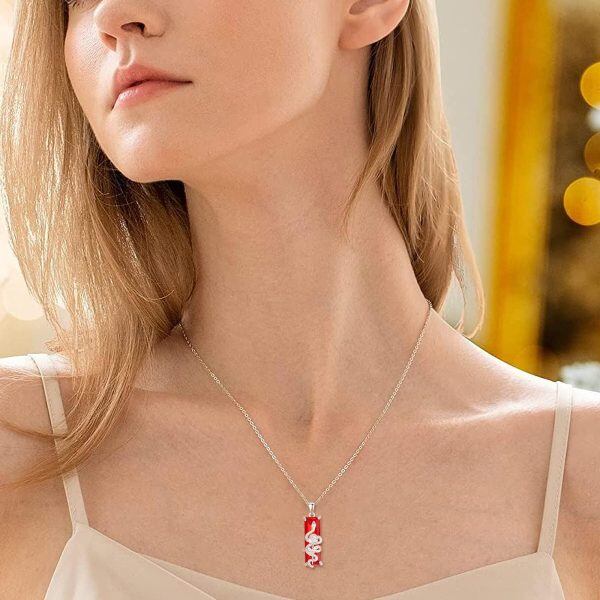 Sterling Silver Snake Rose Flower Pendant Necklace with Red Crystal-3