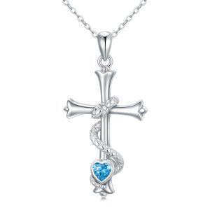 Sterling Silver Snake Cross Pendant Necklace with Blue CZ-0