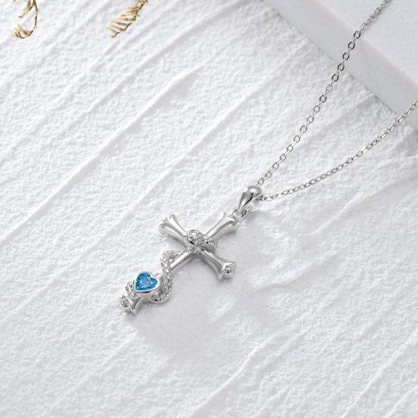 Sterling Silver Snake Cross Pendant Necklace with Blue CZ-4