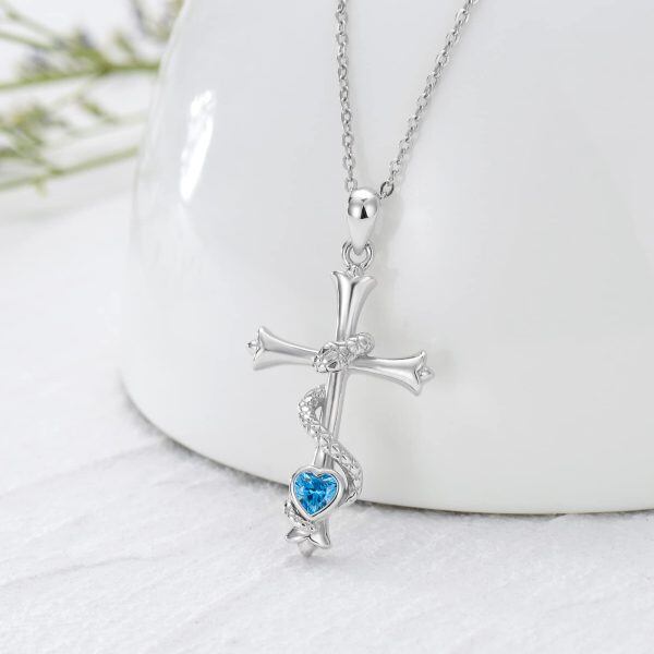 Sterling Silver Snake Cross Pendant Necklace with Blue CZ-5