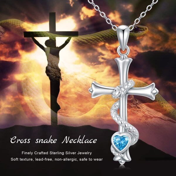 Sterling Silver Snake Cross Pendant Necklace with Blue CZ-6