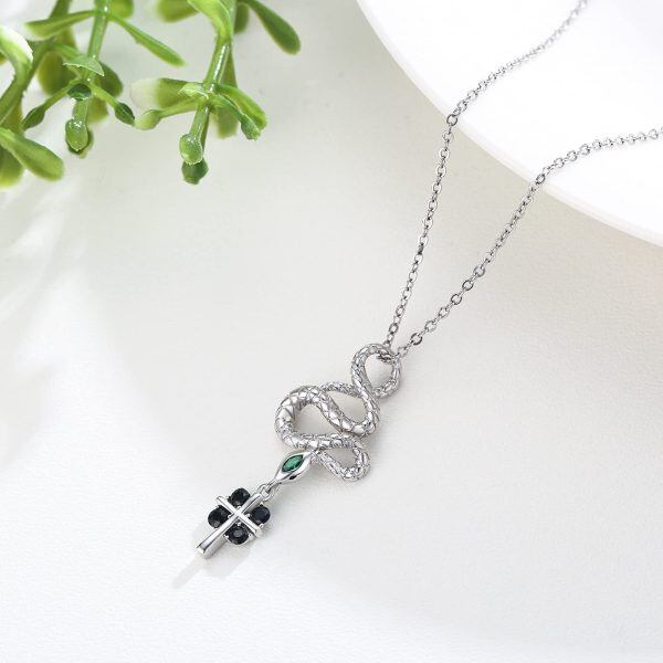 Sterling Silver 3D Snake Cross Pendant Necklace-4