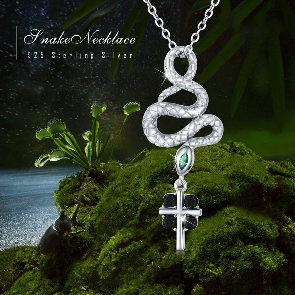 Sterling Silver 3D Snake Cross Pendant Necklace-5