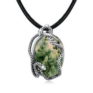 Sterling Silver Oval Shape Natural Moss Agate Snake Pendant Necklace with Leather Cord-0