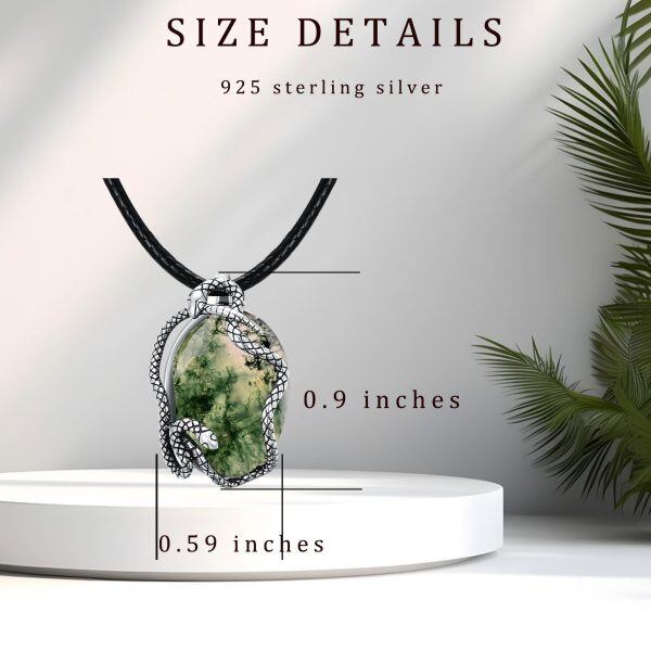 Sterling Silver Oval Shape Natural Moss Agate Snake Pendant Necklace with Leather Cord-1