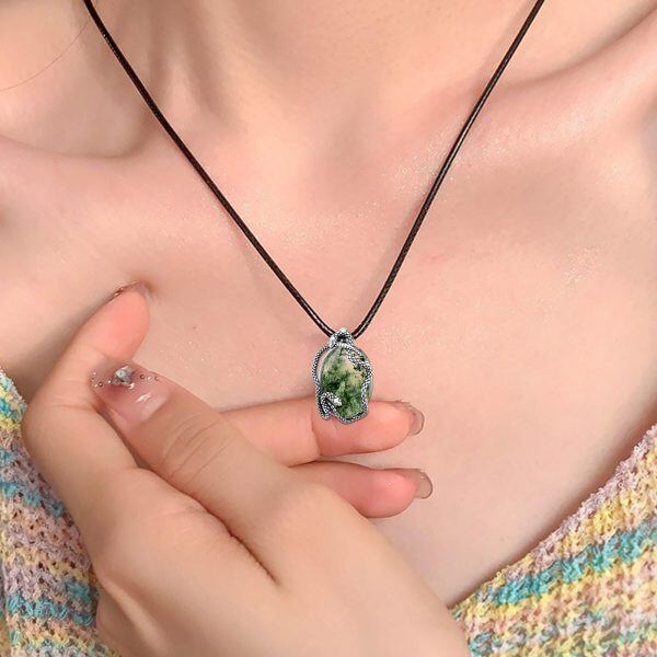 Sterling Silver Oval Shape Natural Moss Agate Snake Pendant Necklace with Leather Cord-2