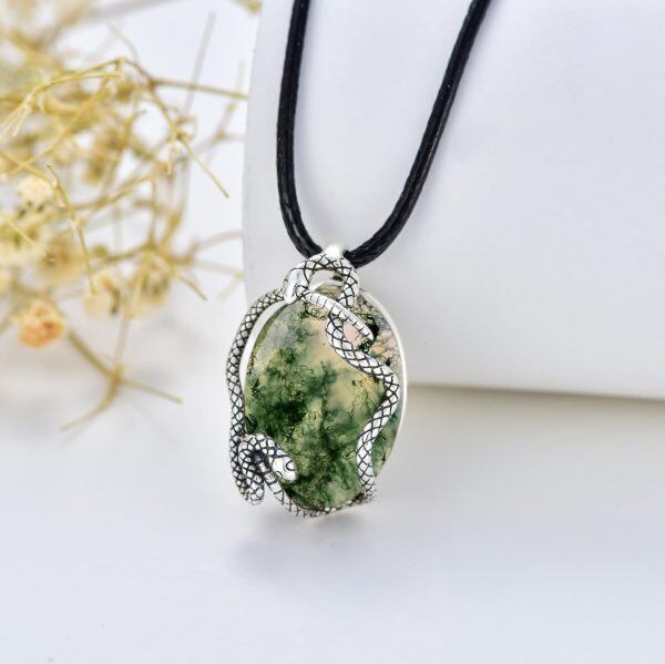 Sterling Silver Oval Shape Natural Moss Agate Snake Pendant Necklace with Leather Cord-3