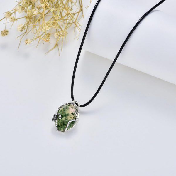 Sterling Silver Oval Shape Natural Moss Agate Snake Pendant Necklace with Leather Cord-4