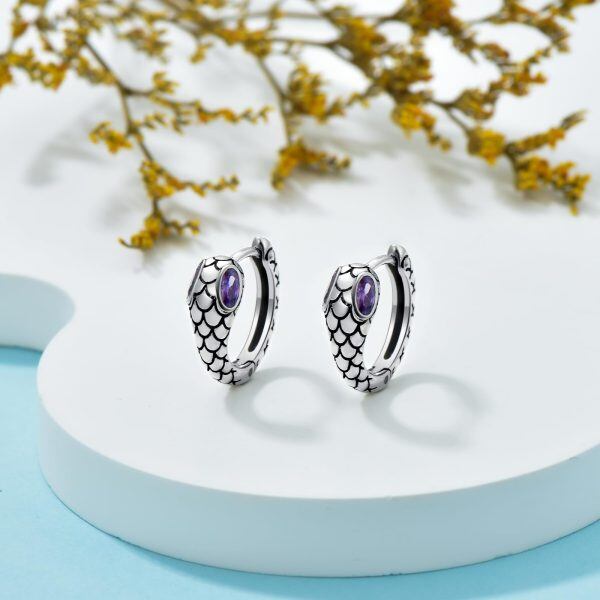 Sterling Silver Snake Hoop Earrings with Amethyst-4