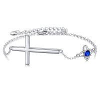 wholesale 925 Sterling Silver Blue Crystal Clover Cross Bracelet for Women Girls- Rhodium Plated