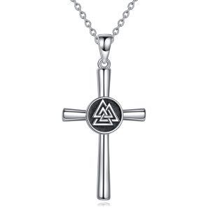 Sterling Silver Val Knut Viking Odin Knot Cross Pendant Necklace-0