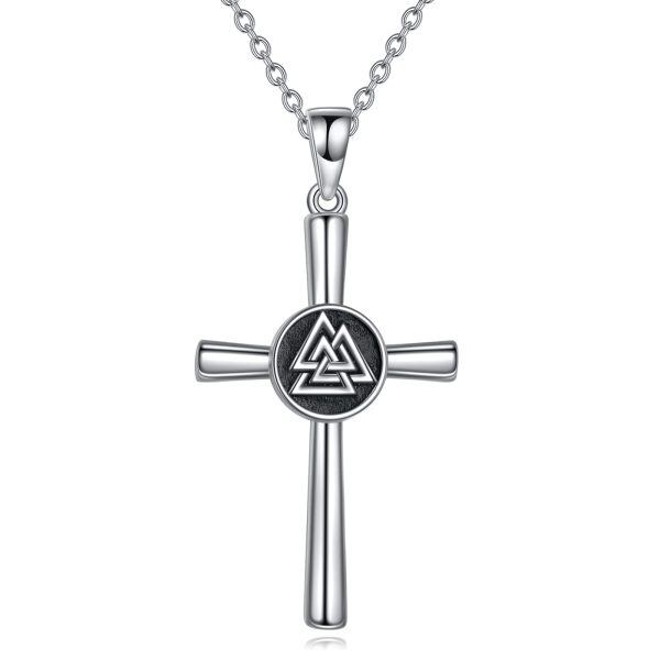 Sterling Silver Val Knut Viking Odin Knot Cross Pendant Necklace-0