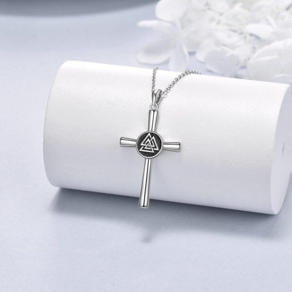 Sterling Silver Val Knut Viking Odin Knot Cross Pendant Necklace-3